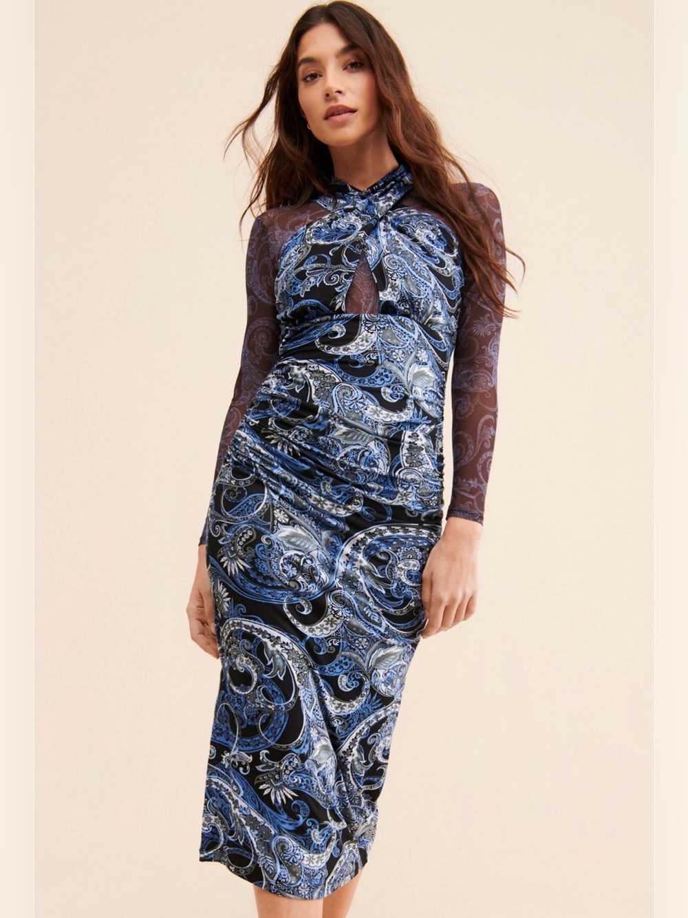 Anthropologie Mesh Halter Mock Blue Paisley Twist-Neck Long Sleeve Midi Dress